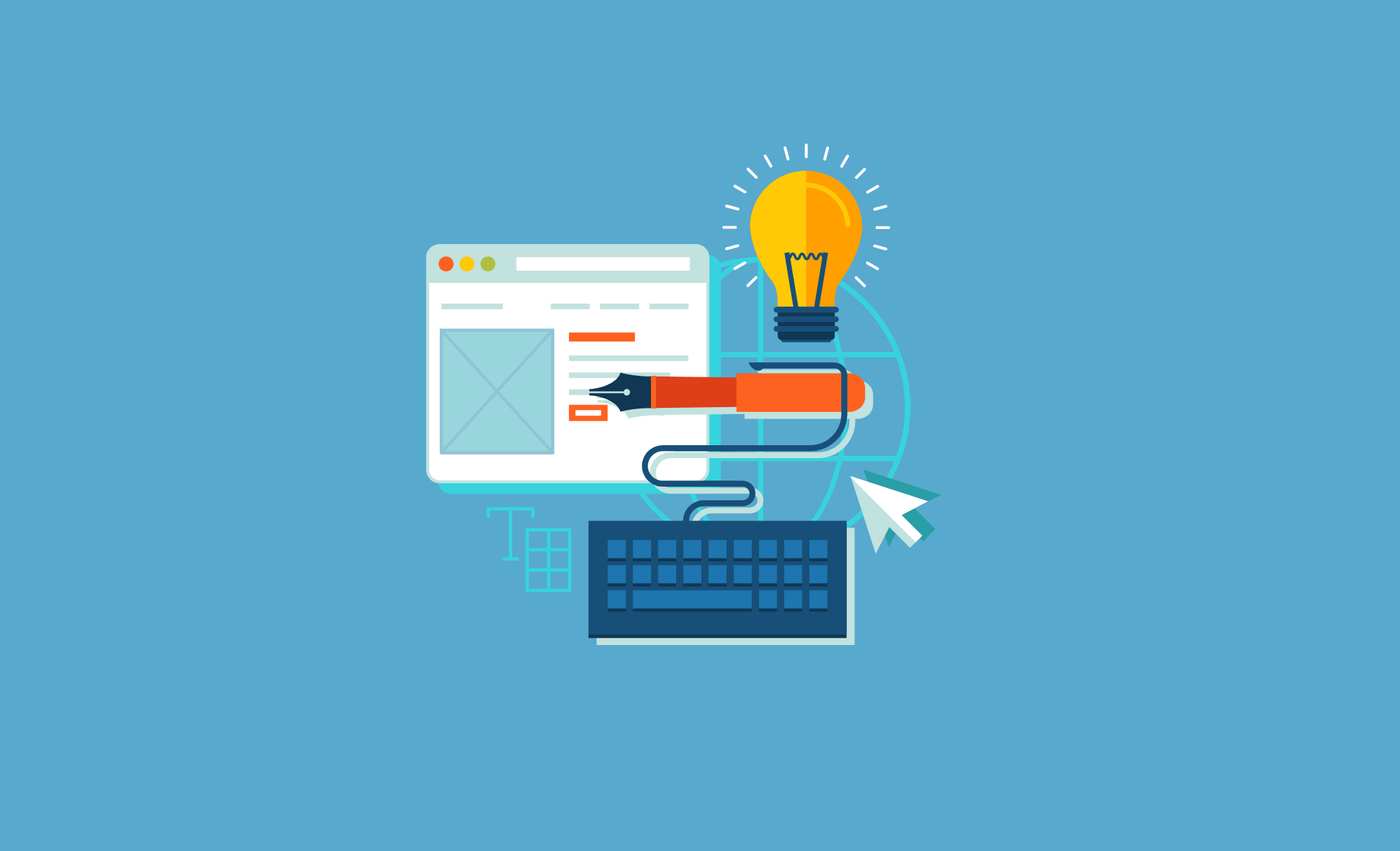 Illustration of a web page, a pen, a light bulb and a keyboard